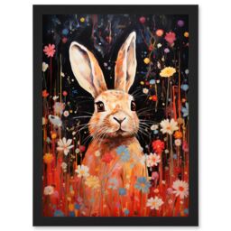 Artery8 Wall Art Print Spring Bliss Oil Painting Cute Bunny Rabbit in a Daisy Flower Meadow Kids Bedroom Artwork Framed A4 in Black - thumbnail 1