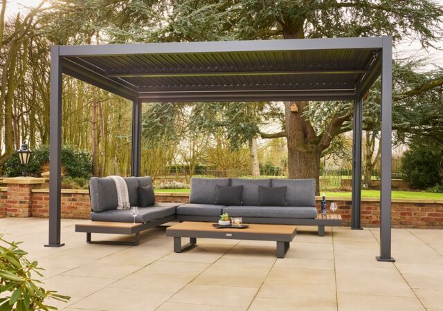 Norfolk Leisure Nexus Pergola - Grey Aluminium 3m x 4m with LEDs & 3 Screens