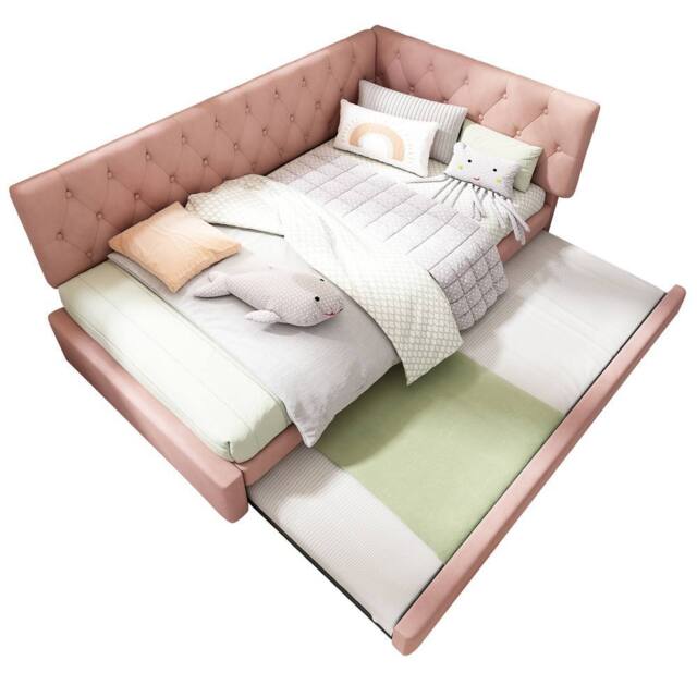 BES HOME 3ft Pink Velvet Guest Daybed with Pull-Out Trundle & Slat Frame - Size: Single - image 1