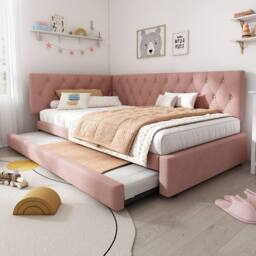 BES HOME 3ft Pink Velvet Guest Daybed with Pull-Out Trundle & Slat Frame - Size: Single - thumbnail 5