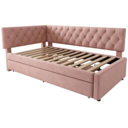 BES HOME 3ft Pink Velvet Guest Daybed with Pull-Out Trundle & Slat Frame - Size: Single - thumbnail 6