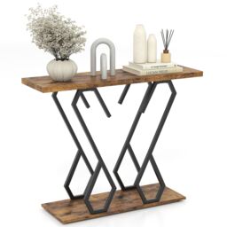 Gymax Faux Marble Console Table Side Table Behind Couch With Metal Frame in Brown - thumbnail 8