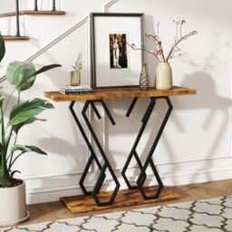 Gymax Faux Marble Console Table Side Table Behind Couch With Metal Frame in Brown - thumbnail 7
