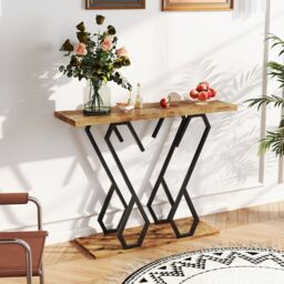 Gymax Faux Marble Console Table Side Table Behind Couch With Metal Frame in Brown - thumbnail 4