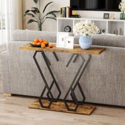 Gymax Faux Marble Console Table Side Table Behind Couch With Metal Frame in Brown - thumbnail 5