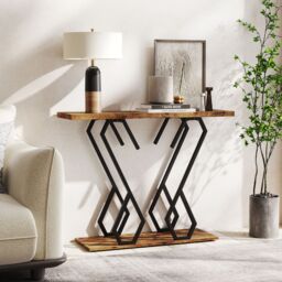 Gymax Faux Marble Console Table Side Table Behind Couch With Metal Frame in Brown - thumbnail 9