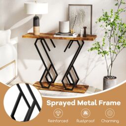 Gymax Faux Marble Console Table Side Table Behind Couch With Metal Frame in Brown - thumbnail 3