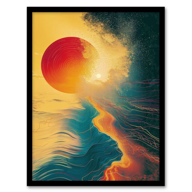 "Artery8 Wall Art Print Sunset Waves Surreal Seascape Abstract Painting Art Framed Poster in Black - Size: W12"" x H16""" - image 1