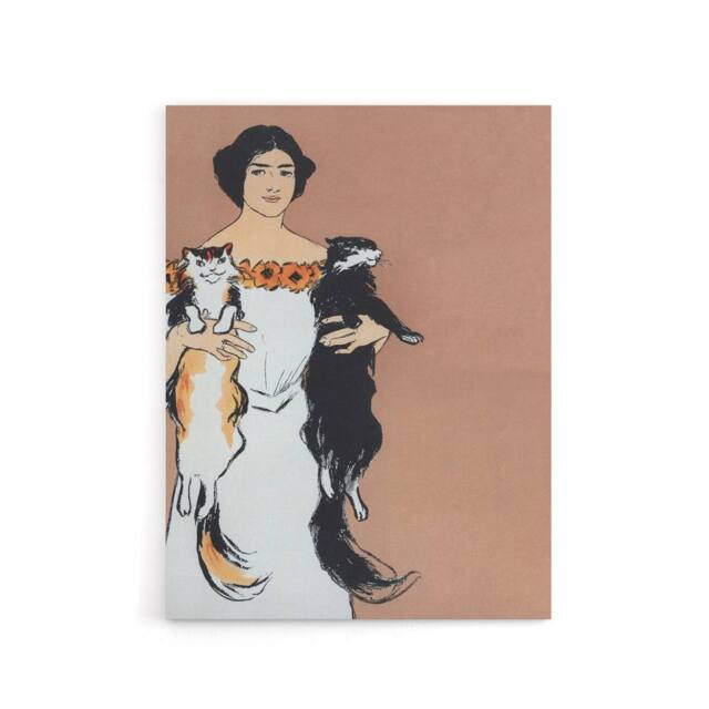 "Artery8 Woman Holding Two Cats Drawing Canvas Wall Art Print Penfield in Pink - Size: W18"" x H24""" - image 1
