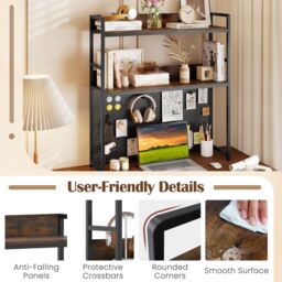 Gymax Desktop Bookshelf Multipurpose 2-Tier Desk Hutch Home Office in Brown - thumbnail 9