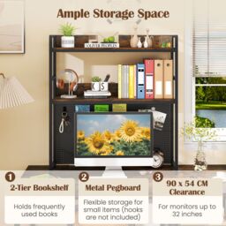 Gymax Desktop Bookshelf Multipurpose 2-Tier Desk Hutch Home Office in Brown - thumbnail 7