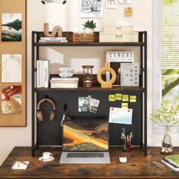 Gymax Desktop Bookshelf Multipurpose 2-Tier Desk Hutch Home Office in Brown - thumbnail 4
