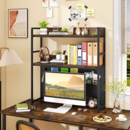Gymax Desktop Bookshelf Multipurpose 2-Tier Desk Hutch Home Office in Brown - thumbnail 3