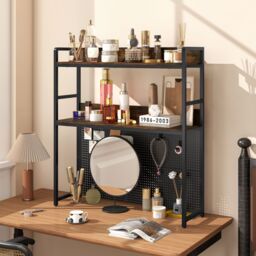 Gymax Desktop Bookshelf Multipurpose 2-Tier Desk Hutch Home Office in Brown - thumbnail 6