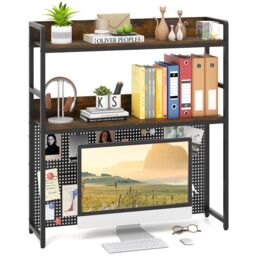 Gymax Desktop Bookshelf Multipurpose 2-Tier Desk Hutch Home Office in Brown - thumbnail 1