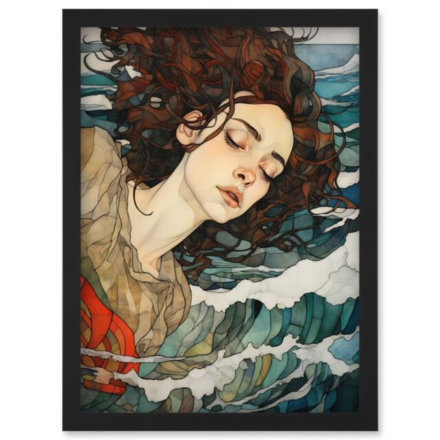 Artery8 Wall Art Print Dreaming of the Sea Woman Sleeping Egon Schiele Style Watercolour Painting Red Brown Blue Carried by Waves Artwork Framed A4 - image 1