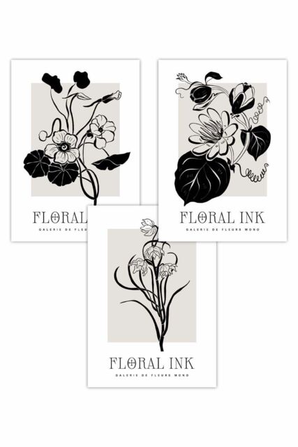 ARTZE Set of 3 Floral Sketch Ink Climbing Flowers in Black Art Posters - Size: W50 cm x H70 cm - image 1