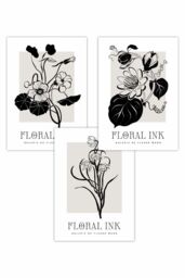 ARTZE Set of 3 Floral Sketch Ink Climbing Flowers in Black Art Posters - Size: W50 cm x H70 cm - thumbnail 1