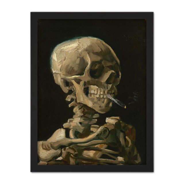 "Artery8 Wall Art Print Van Gogh Head Skeleton Burning Cigarette Large Framed Wall Décor Art in Light Oak - Size: W18"" x H24""" - image 1