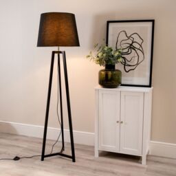 ValueLights Lottie Black Wood Tripod Floor Lamp with Fabric Tapered Shade & LED Bulb - thumbnail 1