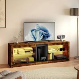 Levede Height Adjustable TV Unit Cabinet Wood LED RGB Storage for Living Room in Brown - thumbnail 2