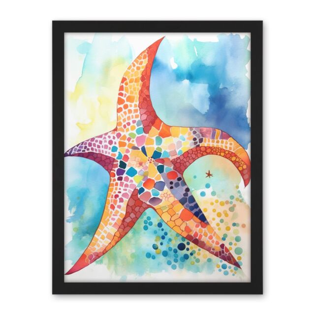 "Artery8 Wall Art Print Abstract Mosaic Starfish Folk Art Large Framed Wall Décor Art in Light Oak - Size: W18"" x H24""" - image 1