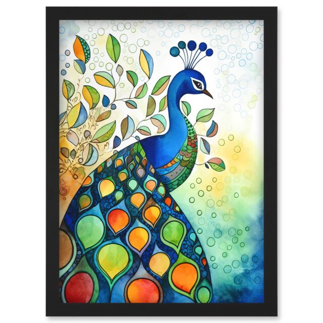 Artery8 Peacock Bird Folk Art Watercolour Painting Artwork Framed Wall Art Print A4 in Black - image 1