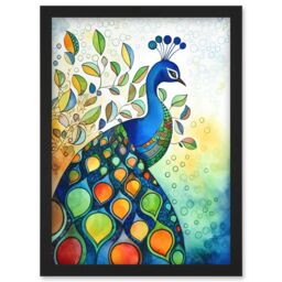 Artery8 Peacock Bird Folk Art Watercolour Painting Artwork Framed Wall Art Print A4 in Black - thumbnail 1