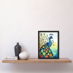 Artery8 Peacock Bird Folk Art Watercolour Painting Artwork Framed Wall Art Print A4 in Black - thumbnail 2