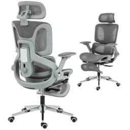 HOMCOM Ergonomic Office Chair, Mesh Desk Chair with Lumbar Support, Footrest in Grey - thumbnail 2