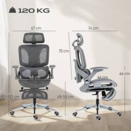 HOMCOM Ergonomic Office Chair, Mesh Desk Chair with Lumbar Support, Footrest in Grey - thumbnail 3