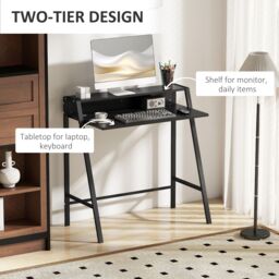 HOMCOM 2-Tier Storage Computer Workstation with Shelf, Metal Frame in Black - thumbnail 4