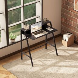 HOMCOM 2-Tier Storage Computer Workstation with Shelf, Metal Frame in Black - thumbnail 1