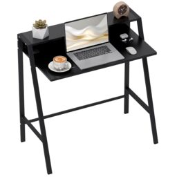 HOMCOM 2-Tier Storage Computer Workstation with Shelf, Metal Frame in Black - thumbnail 2