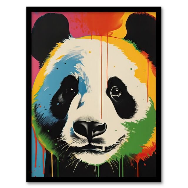 "Artery8 Wall Art Print Panda Bear Fun Acrylic Paint Drip Kids Children Bedroom Vibrant Bold Bright Colourful Painting Art Framed - Size: W12"" x H16""" - image 1