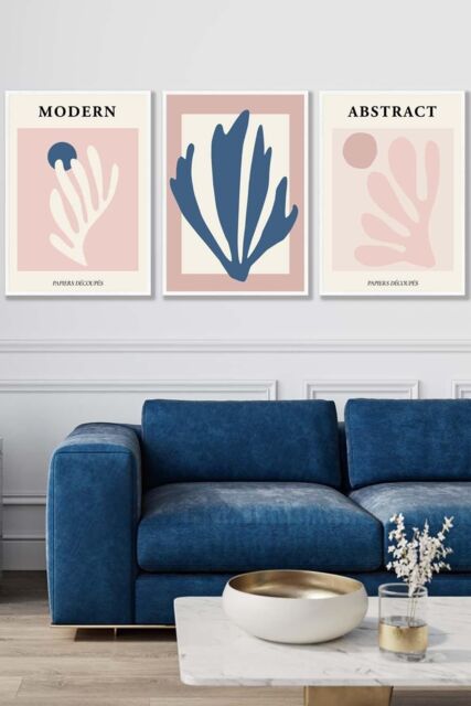 ARTZE Set of 3 White Framed Matisse Style Floral Cut Out Navy & Pink Wall Art in Dusty Pink - Size: W33 cm x H45 cm x D20mm - image 1