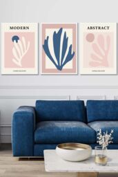 ARTZE Set of 3 White Framed Matisse Style Floral Cut Out Navy & Pink Wall Art in Dusty Pink - Size: W33 cm x H45 cm x D20mm - thumbnail 1