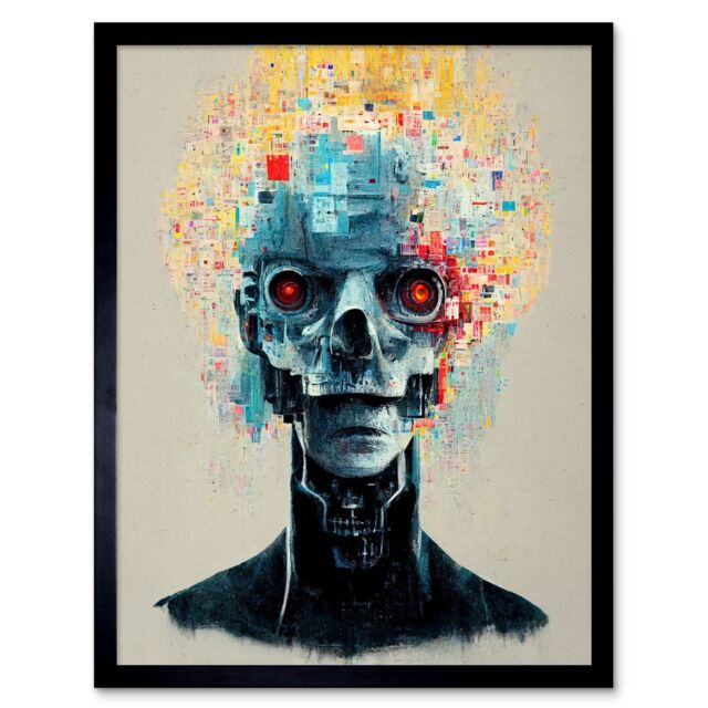 "Artery8 Wall Art Print Android Cyborg AI Skull With Infrared Eyes Art Framed in Black - Size: W12"" x H16""" - image 1