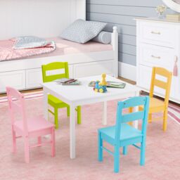 Gymax Table & 4 Chairs Set Activity Table Dining Table With Chairs in White - thumbnail 3