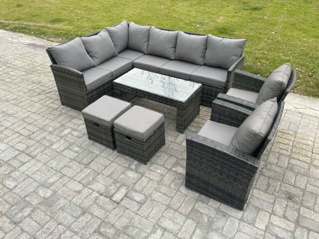 Fimous Rattan Garden Furniture Sets High Back Corner Sofa Oblong Coffee Table Set with 2 Small Footstool 2 Armchairs Dark Grey Mixed - image 1