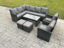 Fimous Rattan Garden Furniture Sets High Back Corner Sofa Oblong Coffee Table Set with 2 Small Footstool 2 Armchairs Dark Grey Mixed - thumbnail 1