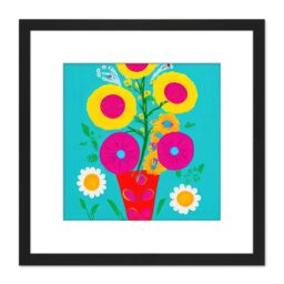 Artery8 Bold Bouquet Pink & Yellow Flowers Red Vase On Arctic Blue Square Wooden Framed Wall Art Print Picture 8X8 Inch in Black - thumbnail 1
