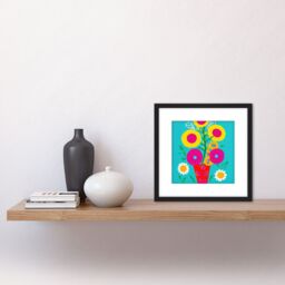 Artery8 Bold Bouquet Pink & Yellow Flowers Red Vase On Arctic Blue Square Wooden Framed Wall Art Print Picture 8X8 Inch in Black - thumbnail 2