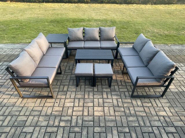 Fimous Aluminium 11 Seater Outdoor Garden Furniture Set Lounge Sofa Oblong Coffee Table 2 Small Footstools Side Table Sets with Cushions Dark Grey - image 1