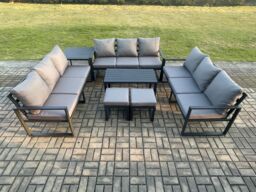 Fimous Aluminium 11 Seater Outdoor Garden Furniture Set Lounge Sofa Oblong Coffee Table 2 Small Footstools Side Table Sets with Cushions Dark Grey - thumbnail 1