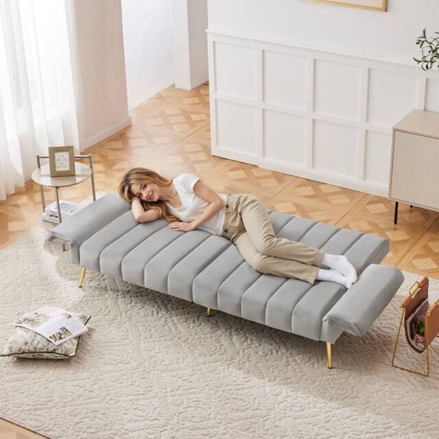 BTM Folding Sofa Bed Convertible Velvet Sleeper Sofa Guest Bed in Grey - image 1