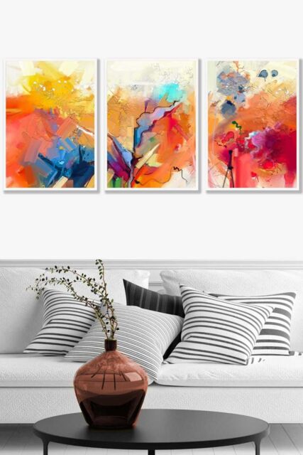 ARTZE Set of 3 White Framed Abstract Colourful Orange Pink Red Mixed Media Fractal Wall Art - Size: W33 cm x H45 cm x D20mm - image 1