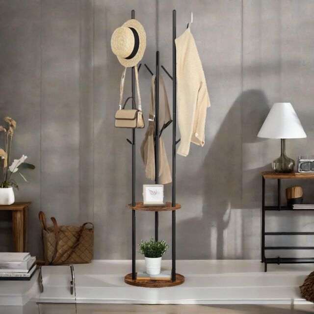 Rafaelo Mobilia Industrial Rustic Coat Stand With 2 Shelves in Dark Brown - image 1