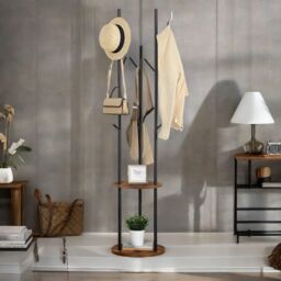 Rafaelo Mobilia Industrial Rustic Coat Stand With 2 Shelves in Dark Brown