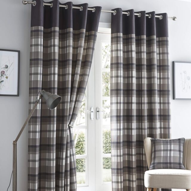 Portfolio Home Orleans Tartan Check Striped Fully Lined Eyelet Curtains 2 Panel Pair in Grey - Size: 117 cm width x 183 cm drop - image 1